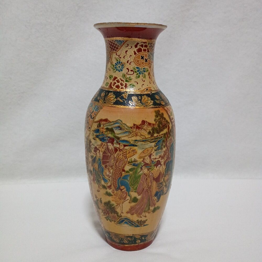 Vintage Chinese Porcelain Vase Hand Painted Figures Satsuma Geisha Girls